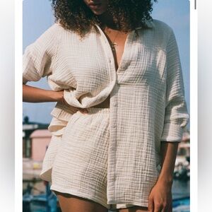 Daise Pru Oversized Button Down UPF 45 Natural Cream Gauzy S